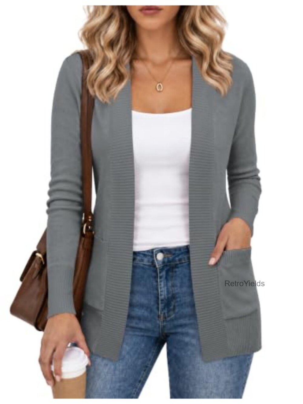 Open Front Cardigan Sweater with Pockets Viscose Nylon Knit